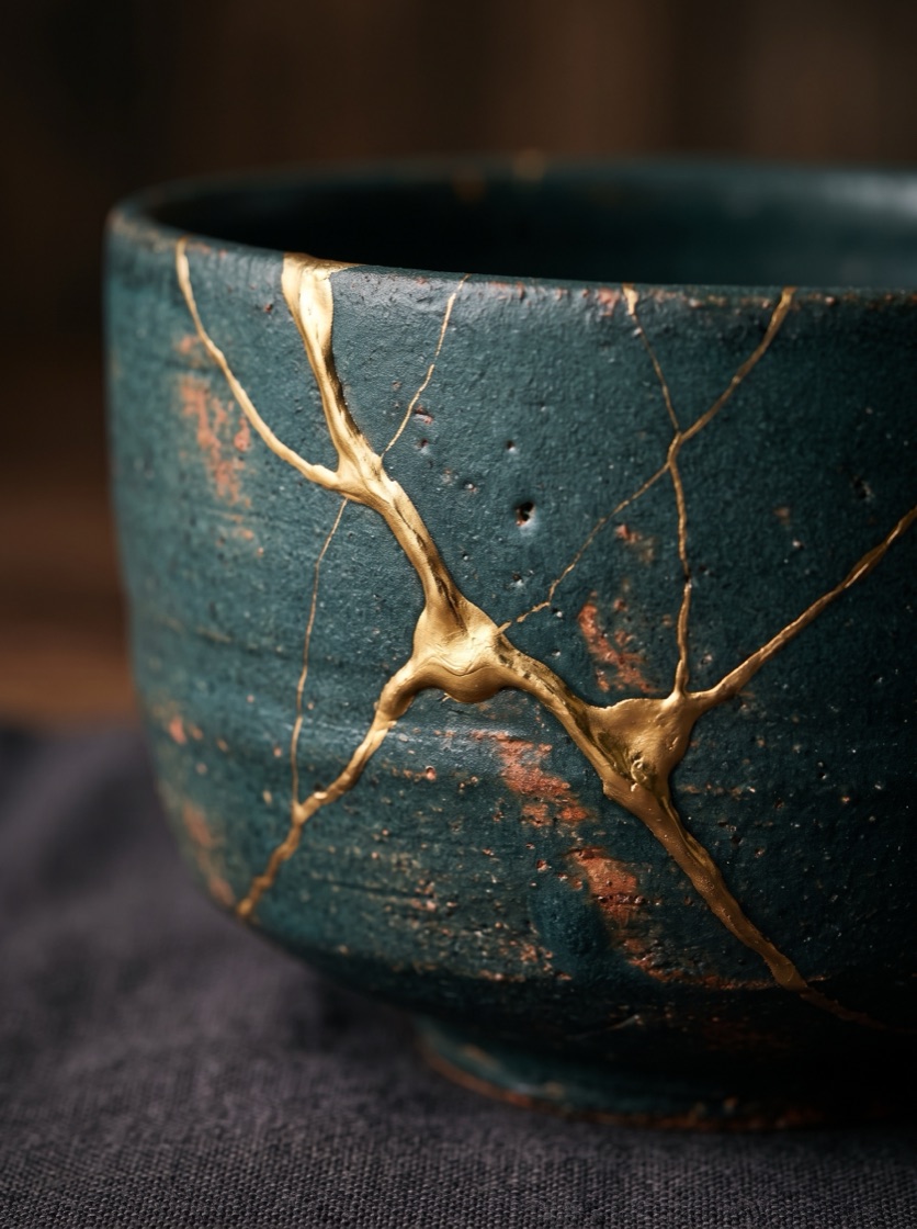 Kintsugi — keramika spravená zlatem; metafora léčení a scelení